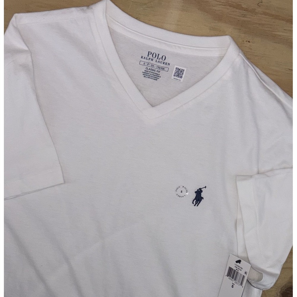 New Polo Ralph Lauren Men's V-Neck Tee T-Shirt Small White Navy Pony Logo